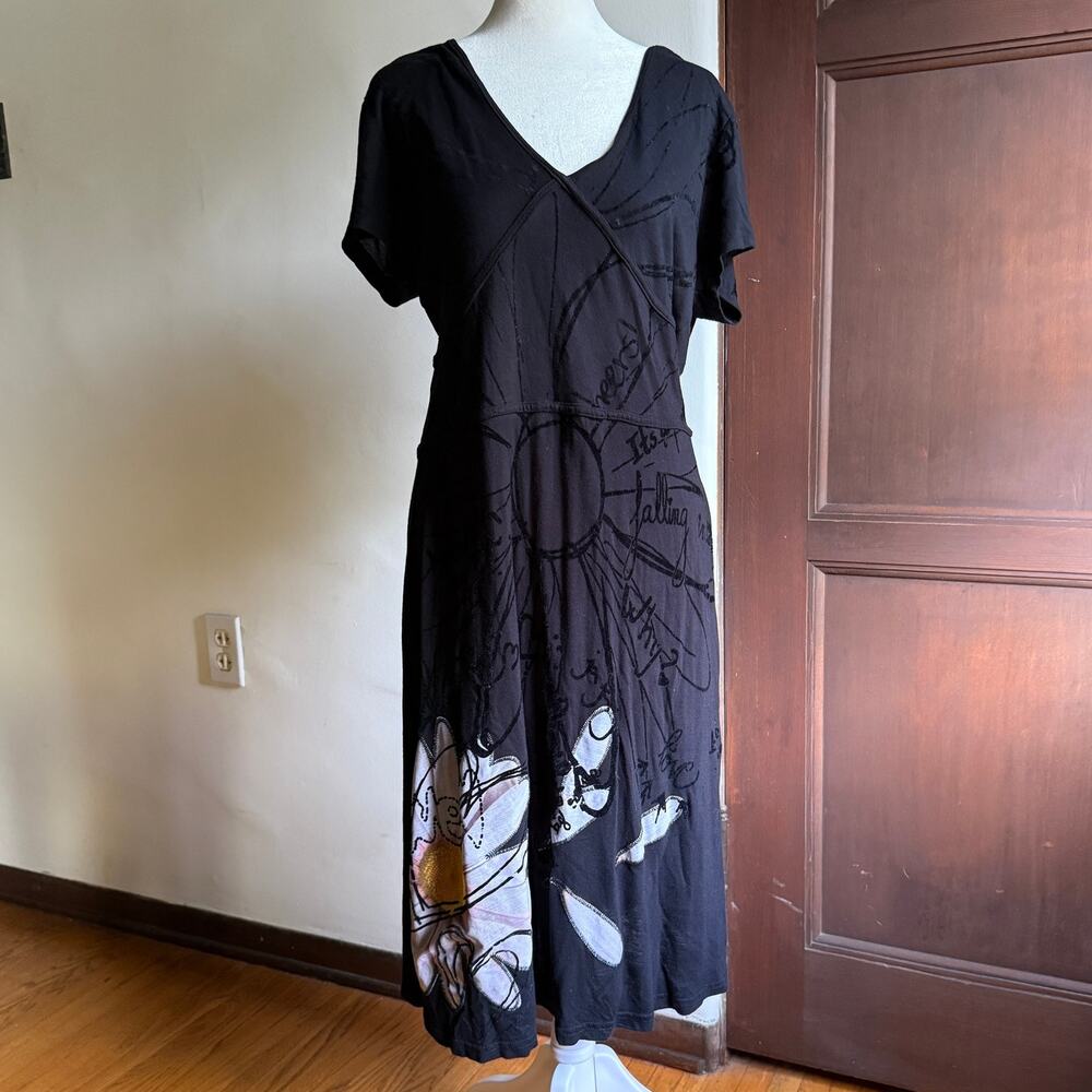 DESIGUAL Y2K Vintage Black Faux Surplice Applique Flocked Design Skater Dress L